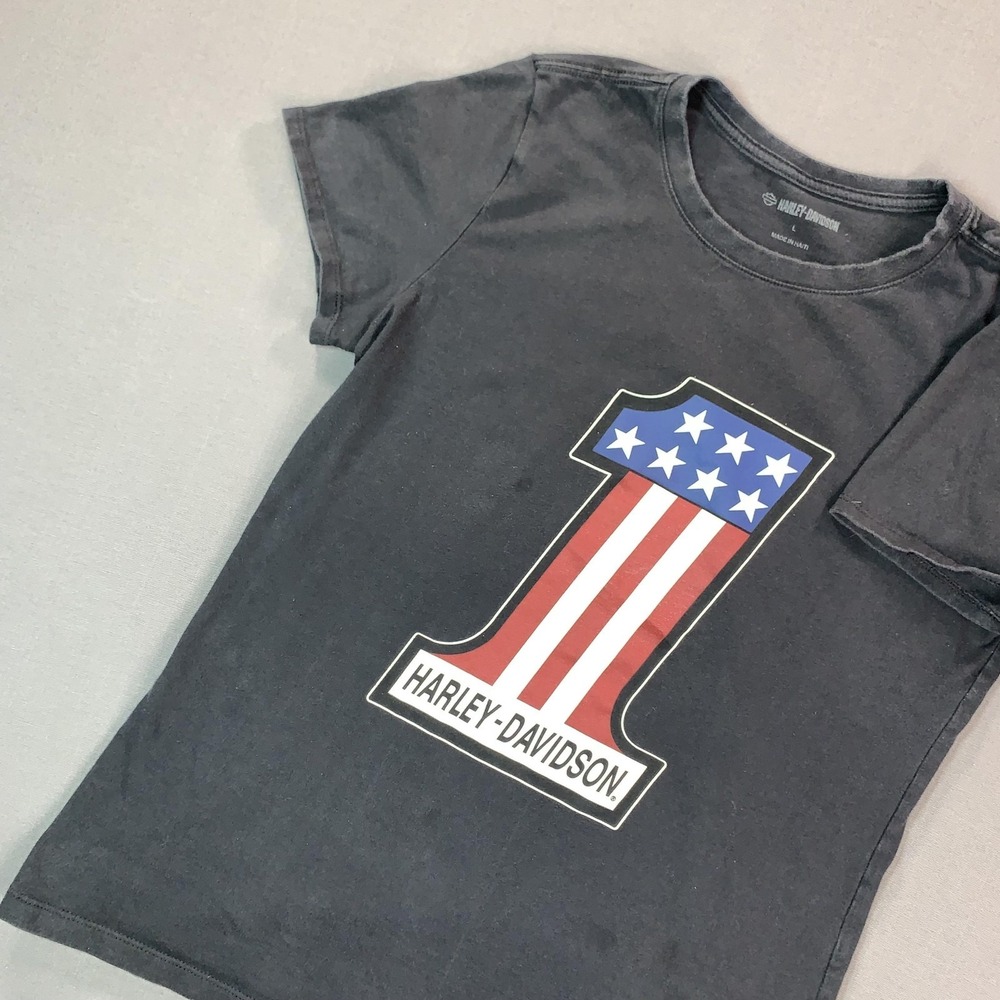 Harley-Davidson Shirt Womens Large Black #1 USA Flag Graphic Biker Tee
